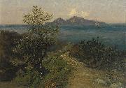 Sudliche Kustenlandschaft. Blick von der Hohe auf Insel an einem Sonnentag, Julius Ludwig Friedrich Runge